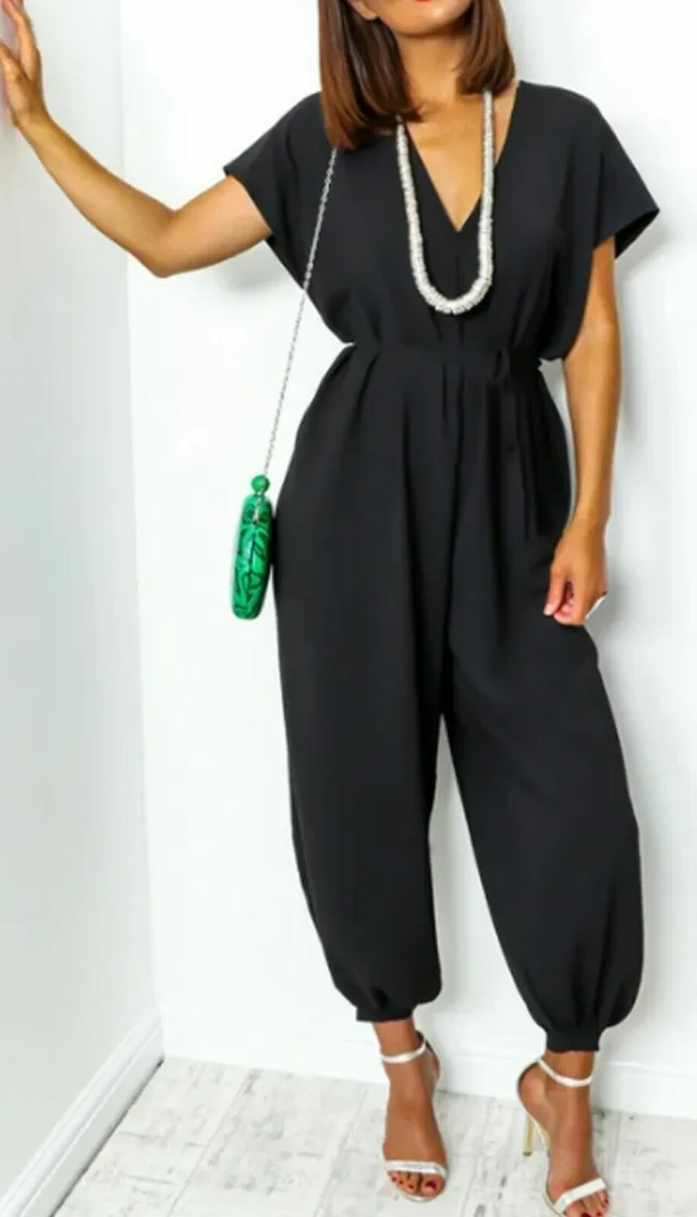 Women's V neck Lace up Waist Harem Pants Wide Leg Pants Black - Shop at LoveMi