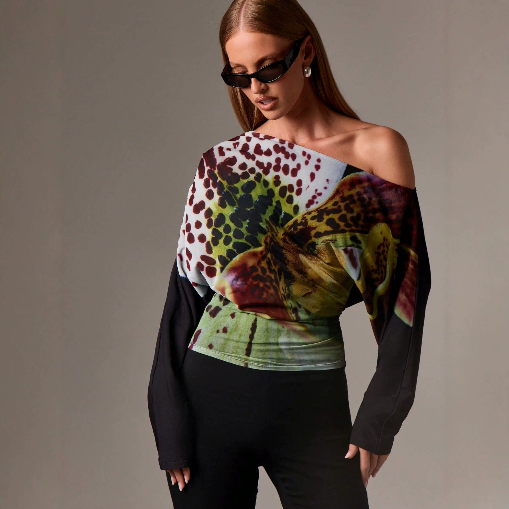 Off-shoulder Printed Top Womens Waist-cinching Long-sleeve T-shirt