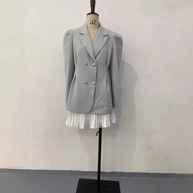Breasted Puff Sleeve Suit Jacket And Skirt Suit Blue Suit - Shop at LoveMi