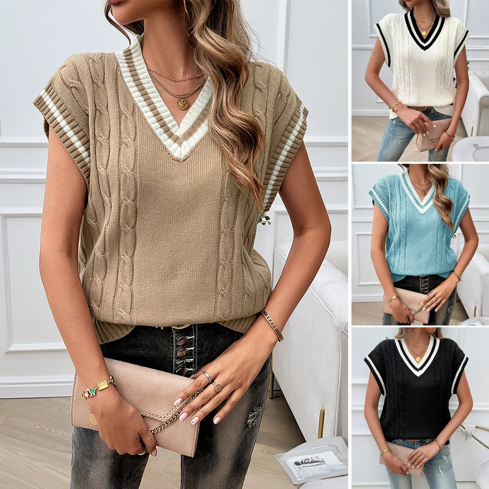 Women's Sleeveless Top Loose V-collar Contrast Color