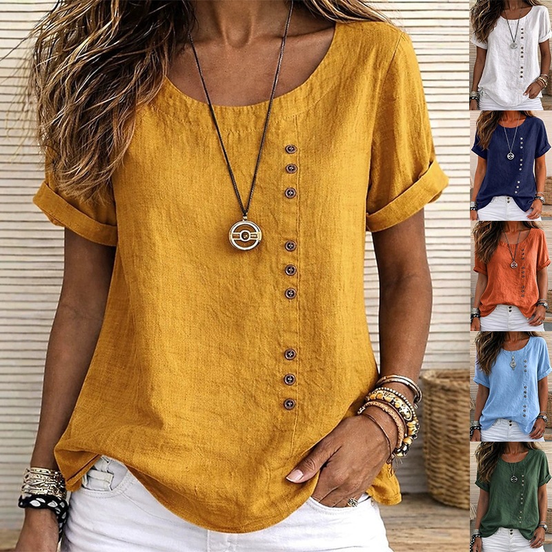 Womens Relaxed-fit Rest Top With Buttoned Round Neck And Short Sleeves