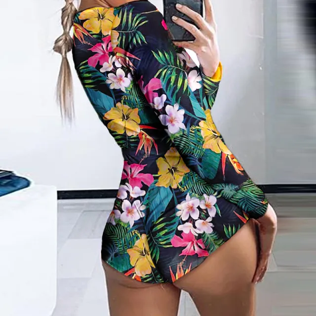 Printed Long sleeved Pajamas Deep V Nightclub Tight Sexy Jumpsuit 005Style Xxl - Shop at LoveMi
