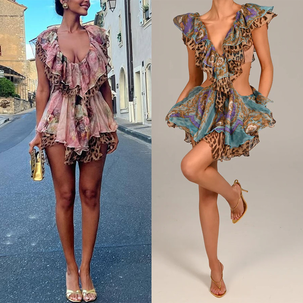 Sleeveless Printed Irregular Skirt Ruffled Women