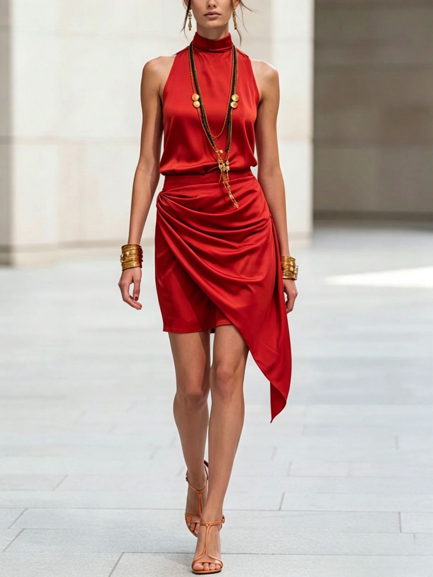 Women's asymmetrical mini skirt in sky blue, full length view showing double-layer hem detail