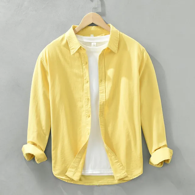 Solid Color Long Sleeve Basic Men's Retro Casual Shirt Yellow - Shop at LoveMi