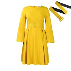 With Belt Long Sleeve Elegant Graceful Round Neck Large Swing Dress - Yellow - View 1