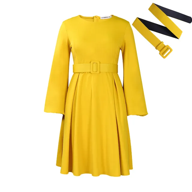 With Belt Long Sleeve Elegant Graceful Round Neck Large Swing Dress Yellow - Shop at LoveMi