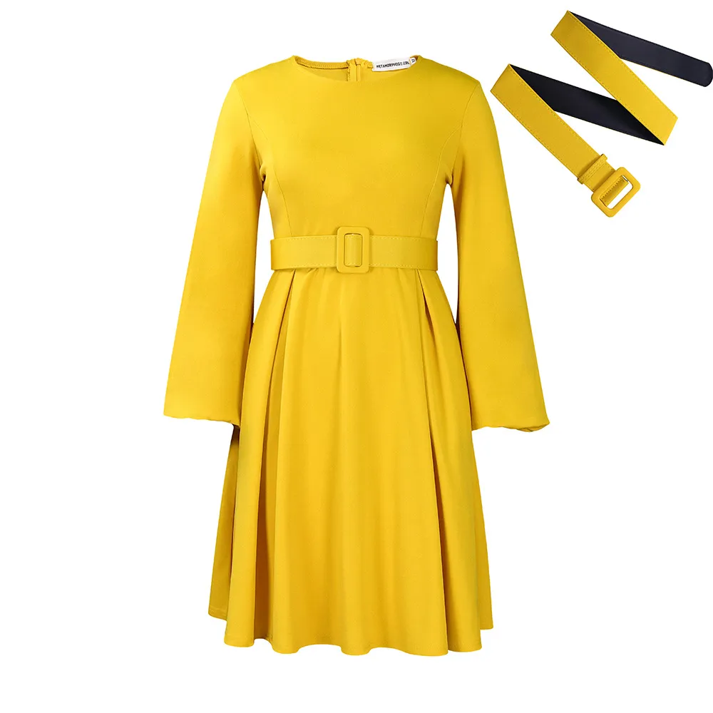 With Belt Long Sleeve Elegant Graceful Round Neck Large Swing Dress - Yellow