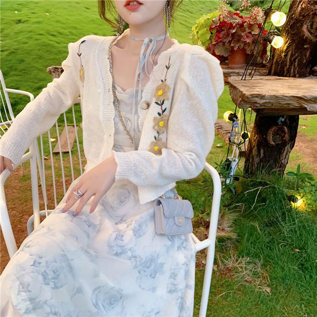 Off-neck Floral Dress Hollow Knitted