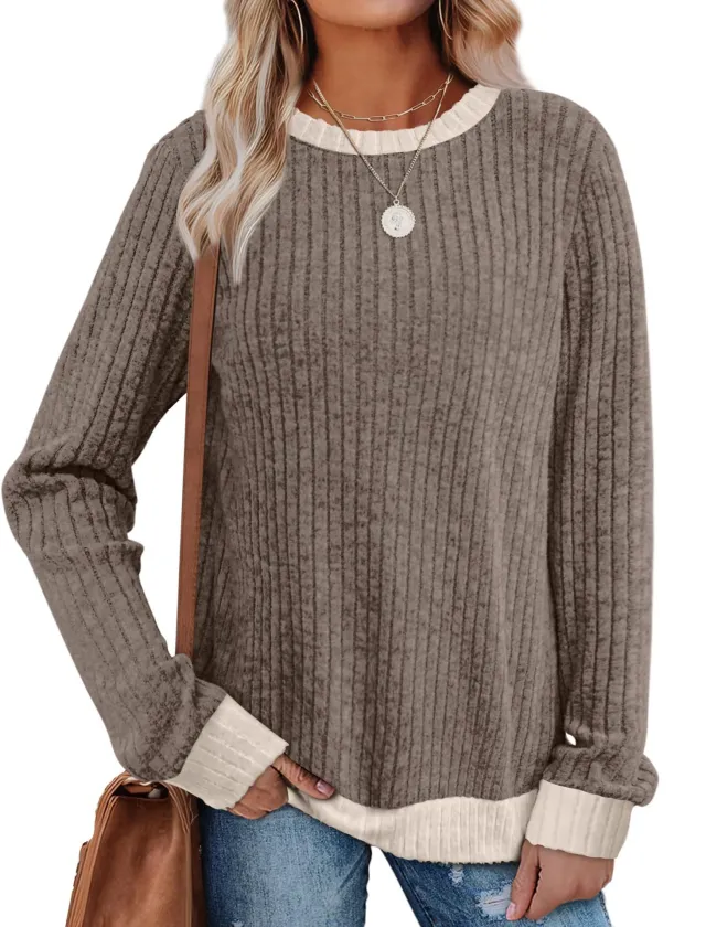 Color Matching Casual Round Neck Pullover Long Sleeve Top Graphite Color - Shop at LoveMi