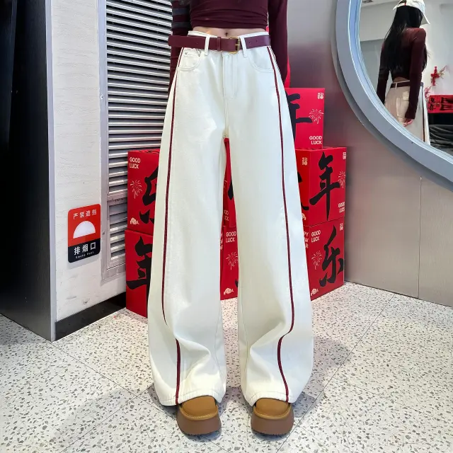 Plus Size Denim Women Loose Slimming High Waist Wide Legs Mop Pants White - Shop at LoveMi