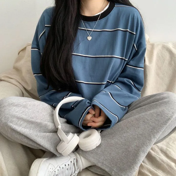 Cotton-like Striped Long-sleeved T-shirt - Striped Blue