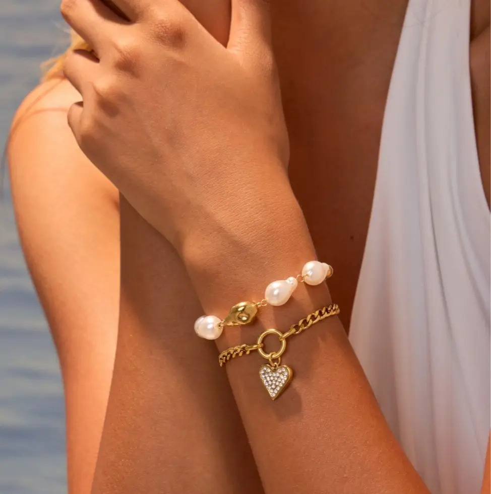 Fashion Heart Shape With Diamond  Baroque Pearl Stainless Steel Bracelet