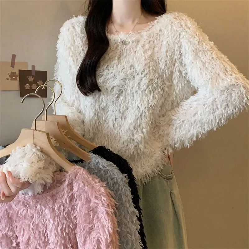 Loose All-match Round Neck Women's Long-sleeved Sweater - White