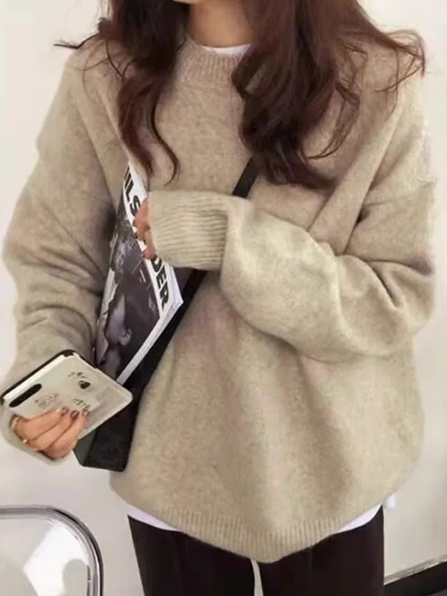 Round Neck Soft Glutinous Sweater Loose Thick Khaki - Shop at LoveMi