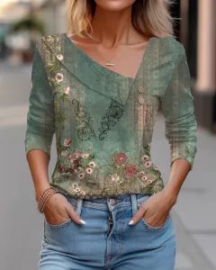 Diagonal Collar Colour-blocking Flower Printing Long-t-shirt - St62068Y - View 1