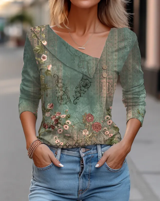 Diagonal Collar Color blocking Flower Printing Long t shirt St62068Y M - Shop at LoveMi