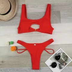 Bikini Women's Solid Colour Split Swimsuit Hollow Snake Fabric Swimwear - Red - View 1