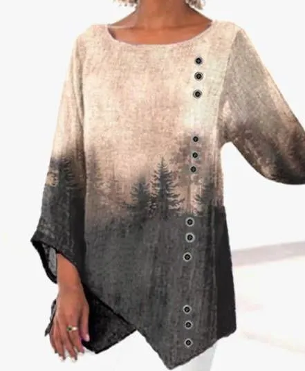 Casual Loose Round Neck Irregular Hem Printed Long Sleeve Shirt Camel T4 - Shop at LoveMi