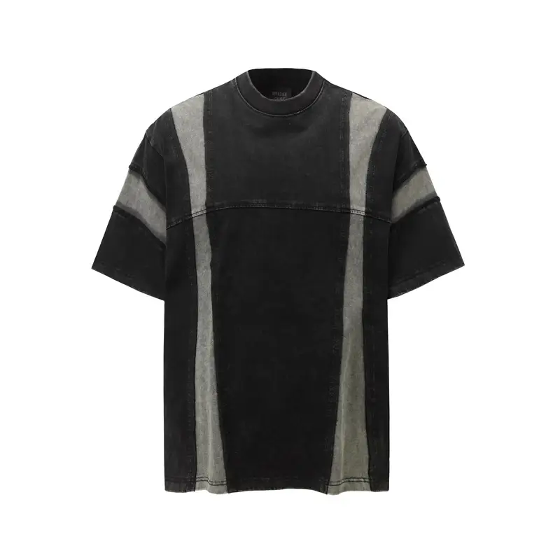 Retro Washed Distressed Short Sleeve Men's Stitching Contrast Color