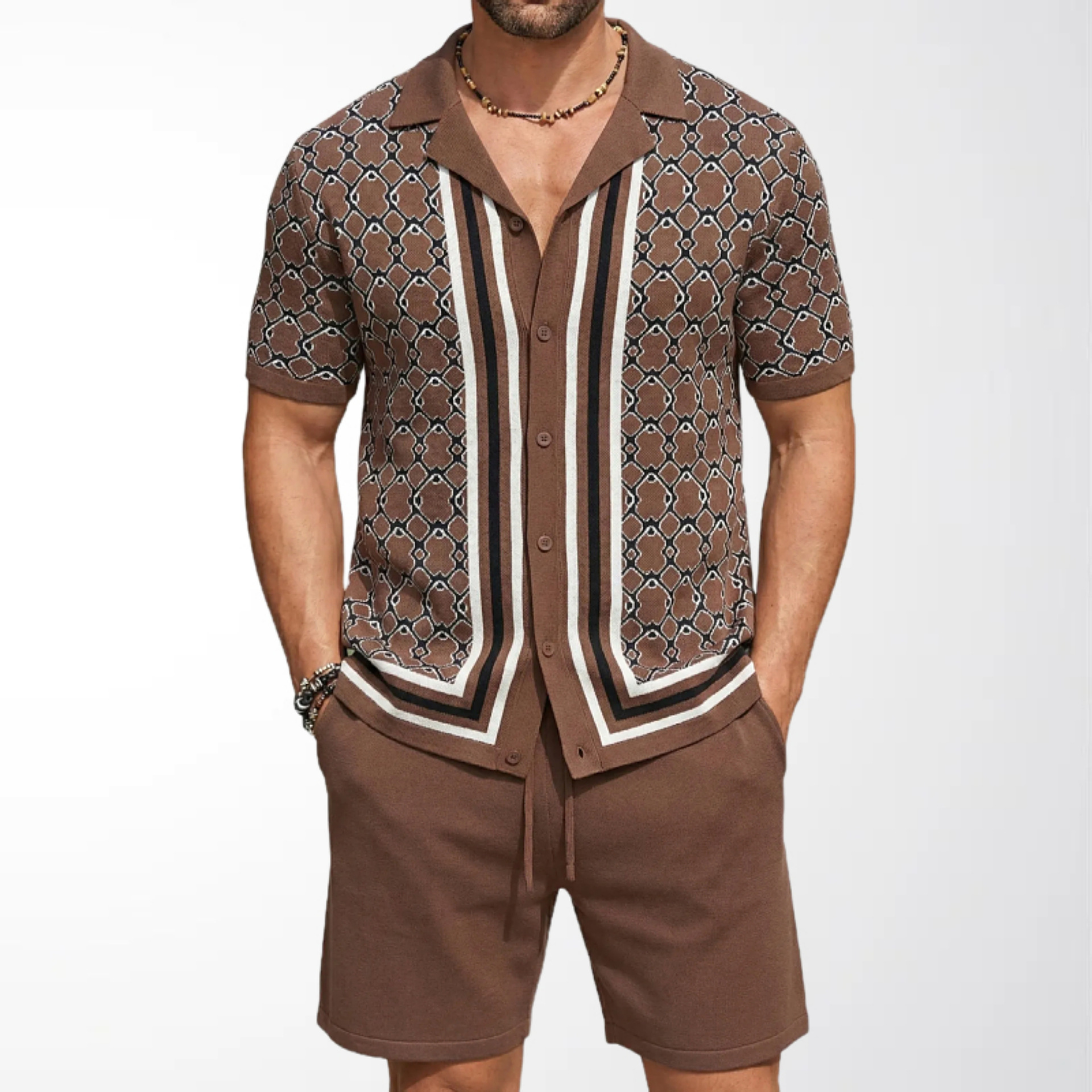 Geometric Jacquard Mens Cuban-Neck Knit Suit 5