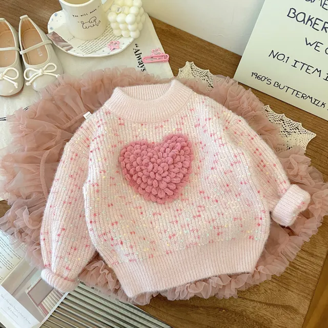 Three dimensional Furry Heart shaped Colorful Knitted Pullover Thick Sweater Pink - Shop at LoveMi