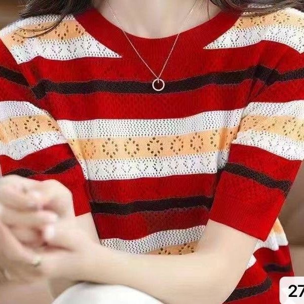 Summer 2023 New Women's Ice Silk Knit Short Sleeve T-shirt, Color Block Hollow Half Sleeve Loose Stripe Top