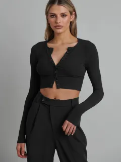 Button Rib Long Sleeve Knitted Cardigan Women's Clothes Cropped Top - Black - View 1