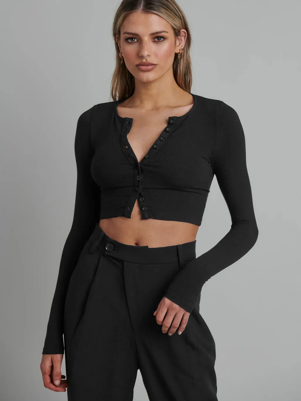 Button Rib Long Sleeve Knitted Cardigan Women's Clothes Cropped Top - Black
