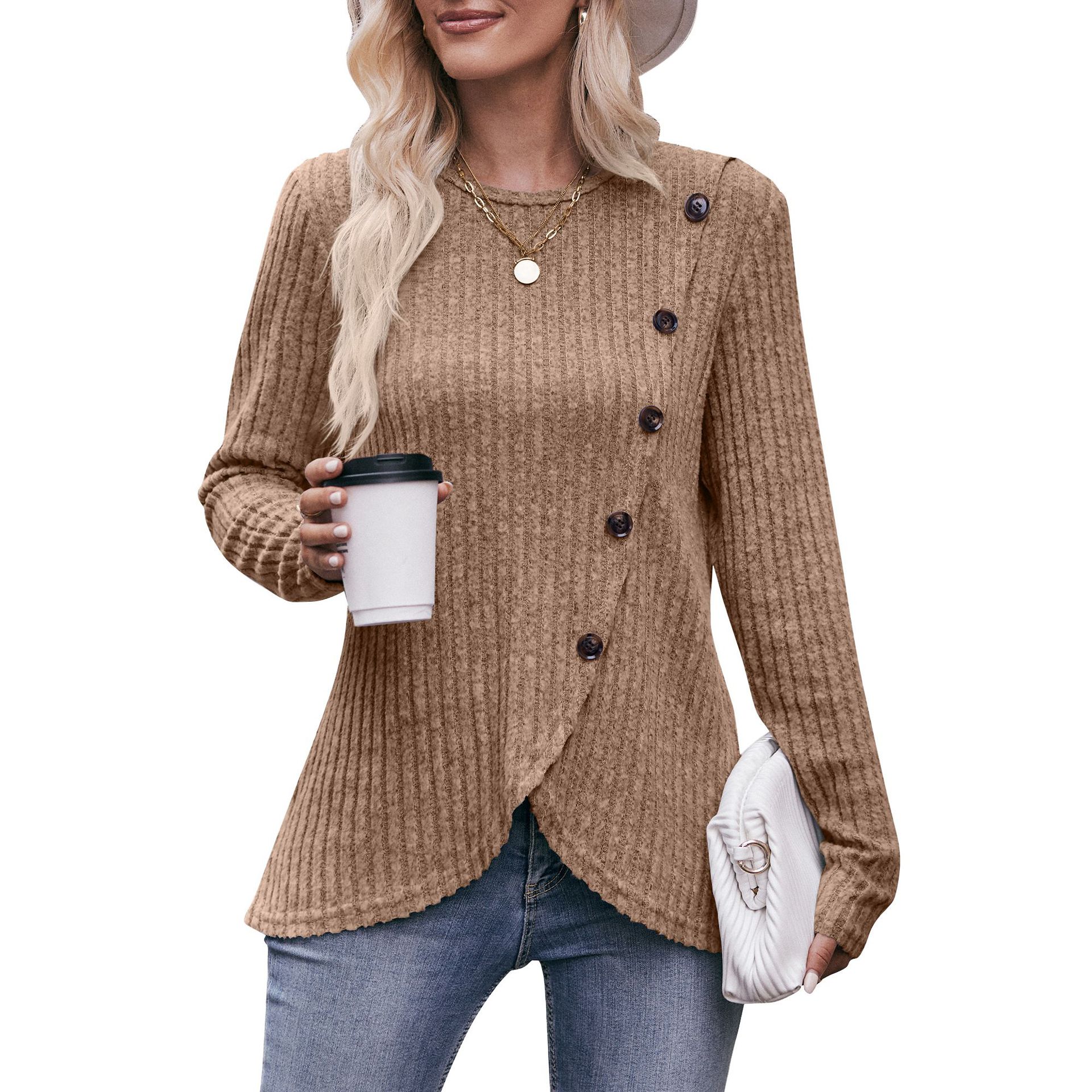 Women's Round-neck Sunken Stripe Brushed Tulip Hem Solid Color Button T-shirt