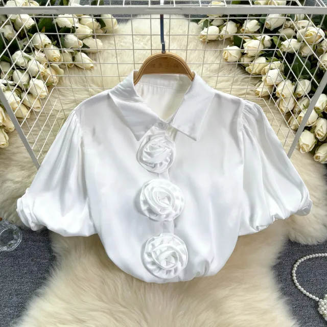 Three dimensional Flower Puff Sleeve 1 French Satin Top White - Shop at LoveMi