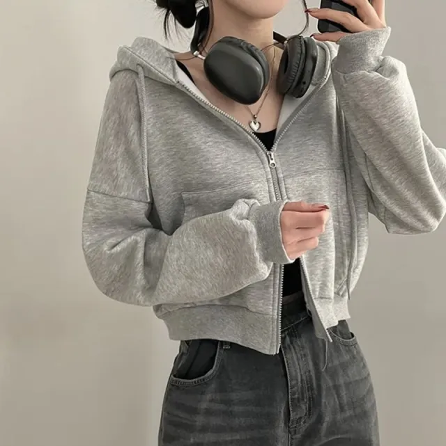 Women's Hoodie With Double Zipper, Fleece lined, Waist cinching, Loose fit, Short Length Y33 Gray Thin - Shop at LoveMi