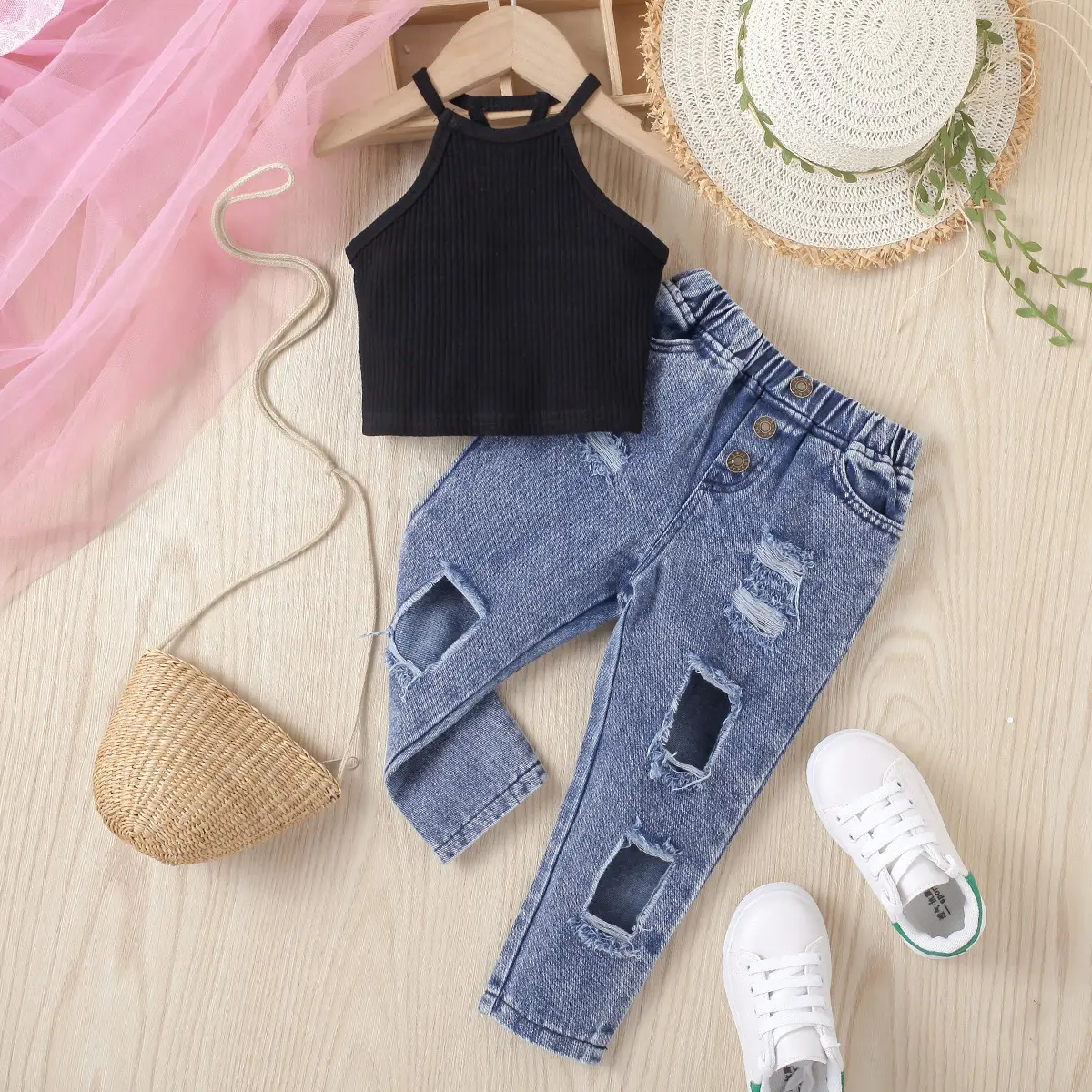 Girls' Solid Color Sleeveless Pullover Denim Trousers Two-piece Set