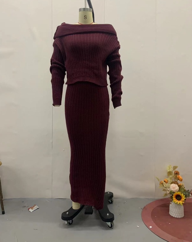 Fashionable Knitted Off shoulder Top Lapel Skirt Two piece Set Wine Red - Shop at LoveMi