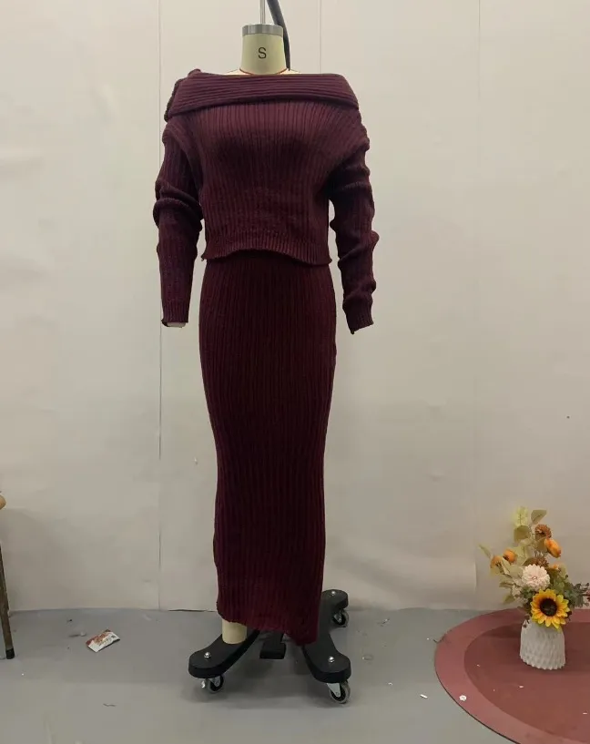 Fashionable Knitted Off-shoulder Top Lapel Skirt Two-piece Set - Wine Red