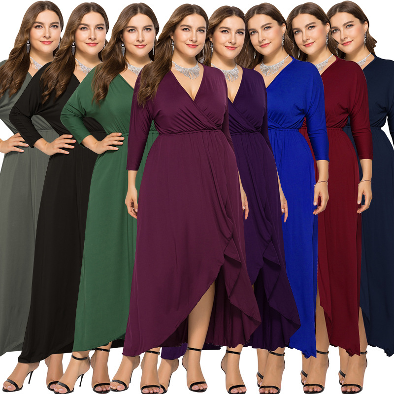 N V-neck Batwing Sleeve Large Hem Sheath Solid Color Dress