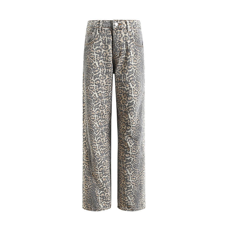 Printed Washed Distressed Wide leg Denim Trousers For Women Distressed Leopard Print - Shop at LoveMi