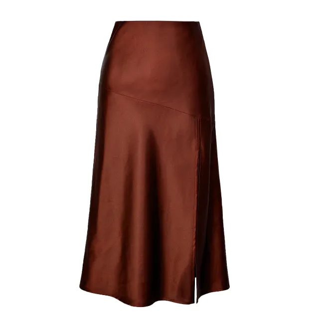 Women's High Waist Glossy Satin Skirt Slit Brown - Shop at LoveMi