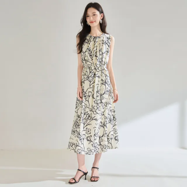 Printed Loose Round Neck Vacation Style Sleeveless Dress Black - Shop at LoveMi