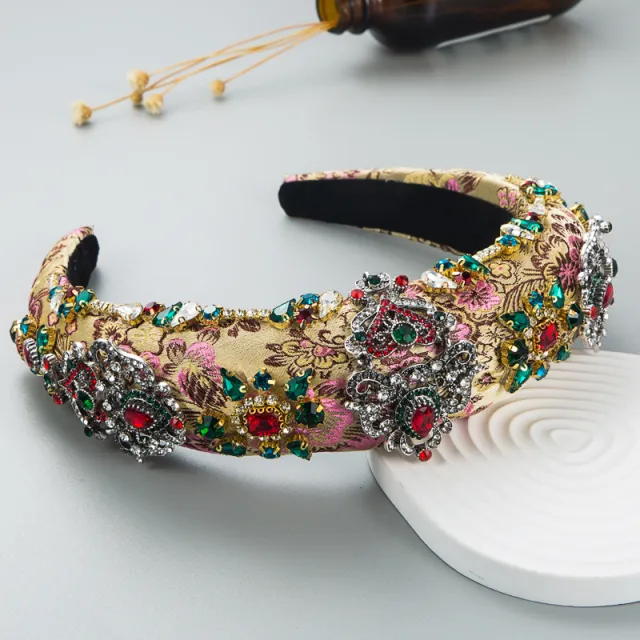 Embroidered Luxury Rhinestone Vintage Flower Headband Light Coffee - Shop at LoveMi