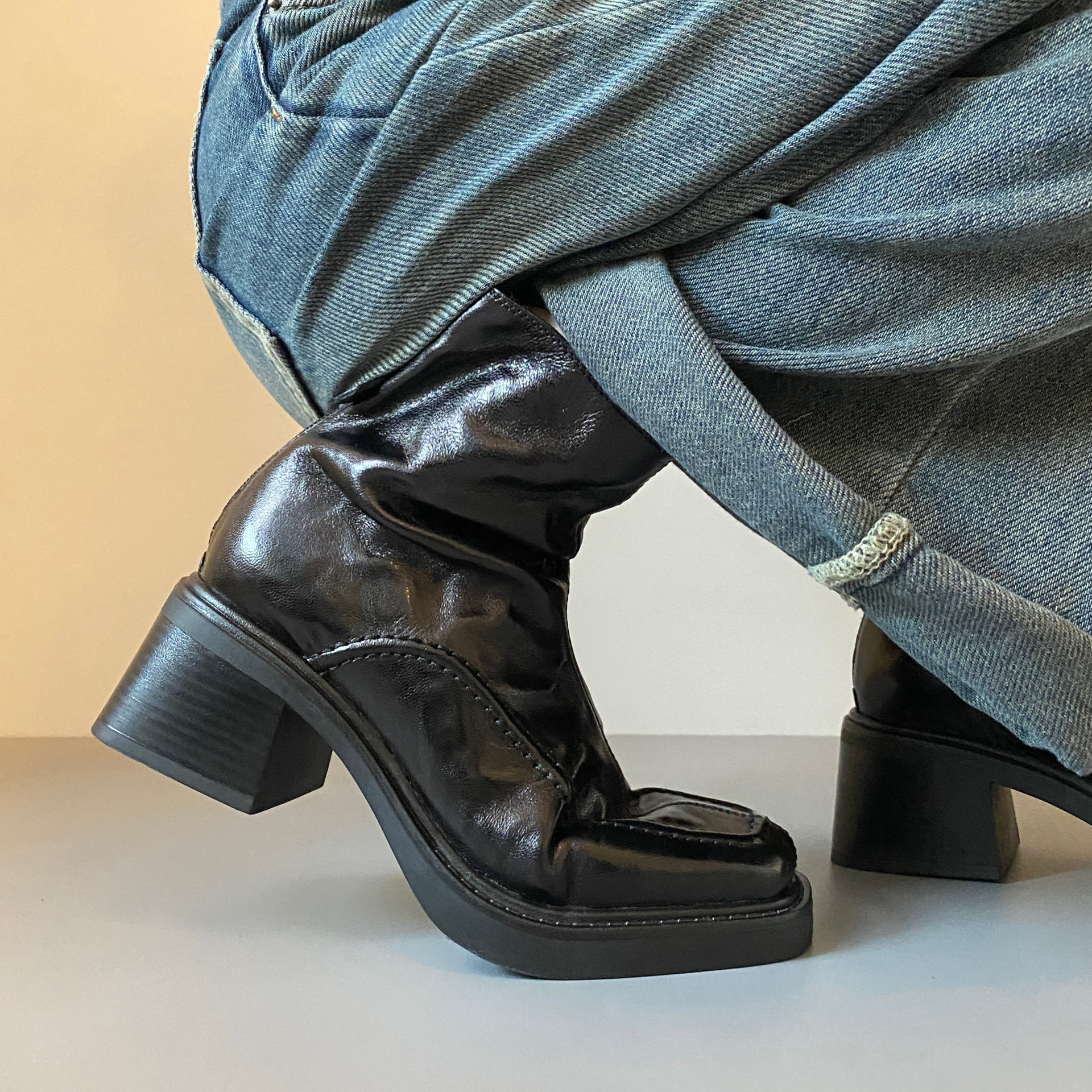 Retro High Heeled Ankle Boots Womens Square Toe Niche Boots