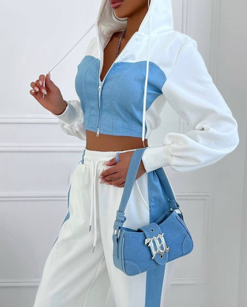 Fashion Casual Sweater Suit Denim Stitching Hooded Top And Trousers Women's Clothing