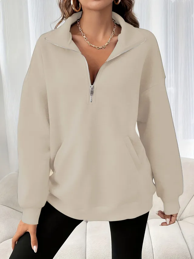 Autumn And Winter Loose Long Sleeve Half Zipper Sweater Apricot - Shop at LoveMi