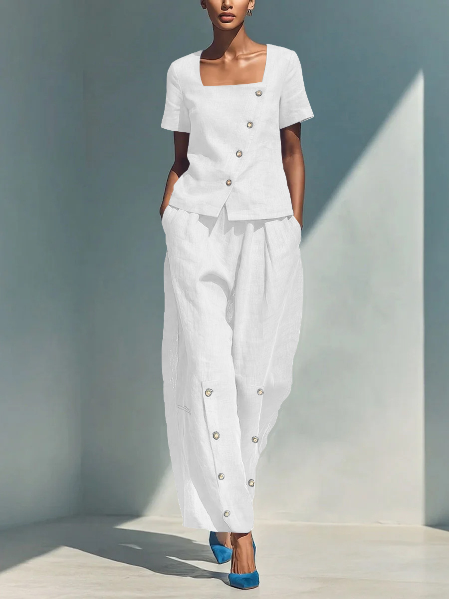 Women's Loose Top and Pants Set in White – Full Outfit View