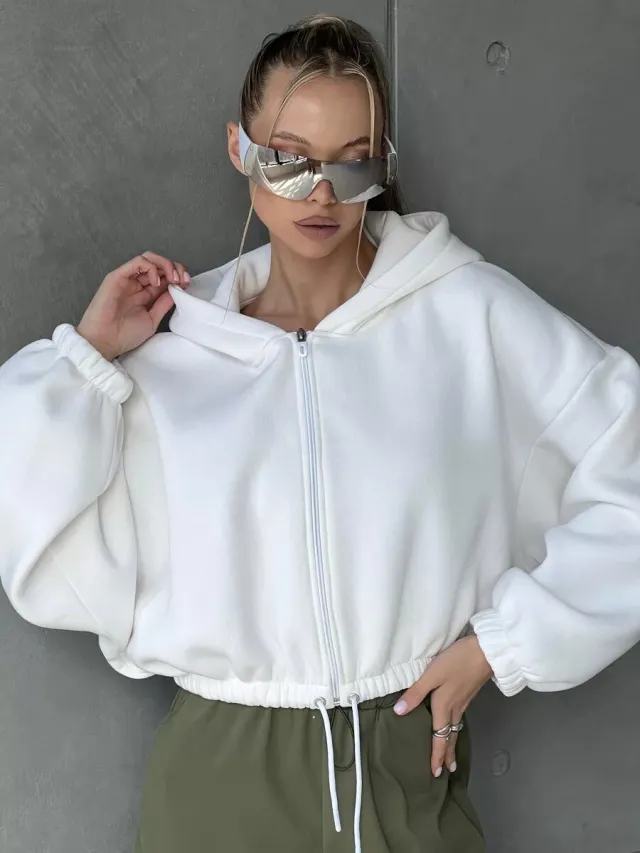 Cropped Fitted Hoodie With A Drawstring Hood And Long Sleeves Perfect For Casual Wear White - Shop at LoveMi