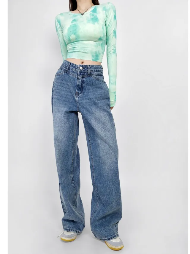 New American High Street Loose Drooping Wide Leg Draggle tail Straight Trousers Dark Blue - Shop at LoveMi