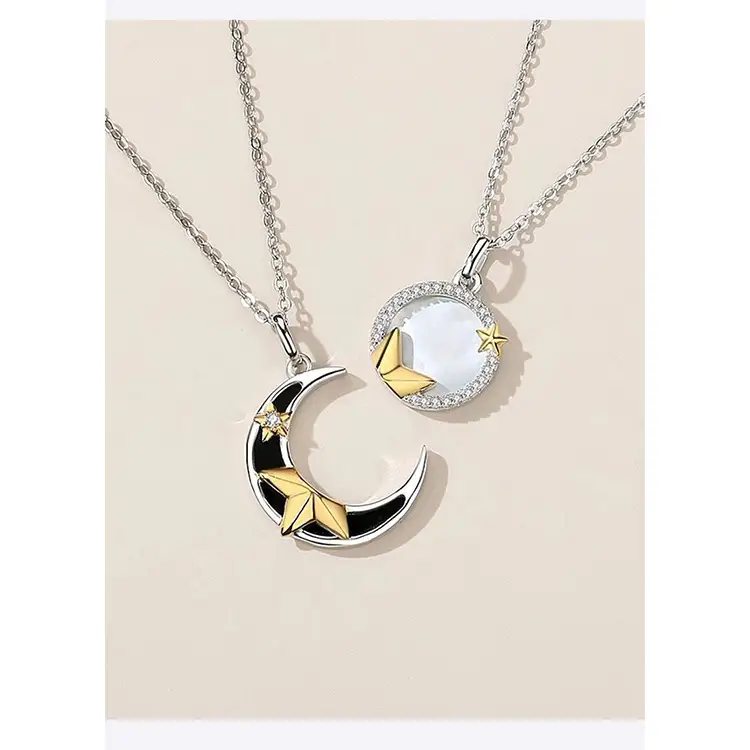 Men's And Women's Silver Star Picking Moon Couple Necklace