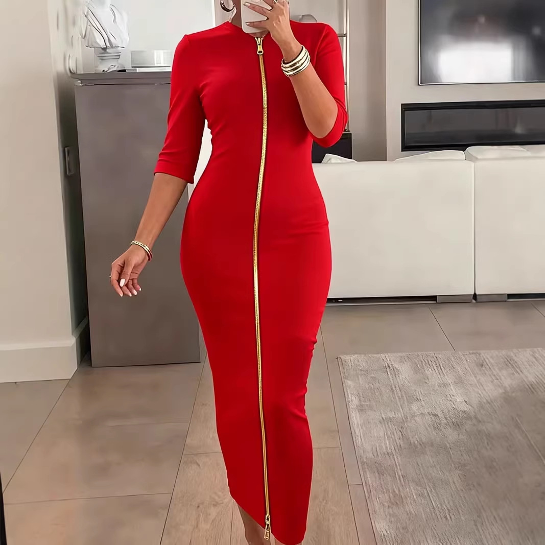 Womens Sexy And Fashionable Mid-sleeve Zip-up Dress