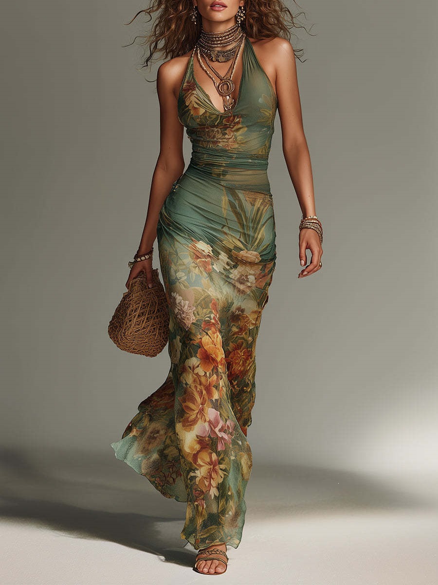 Retro-printed Sexy Lace-up Halter-neck Backless Dress