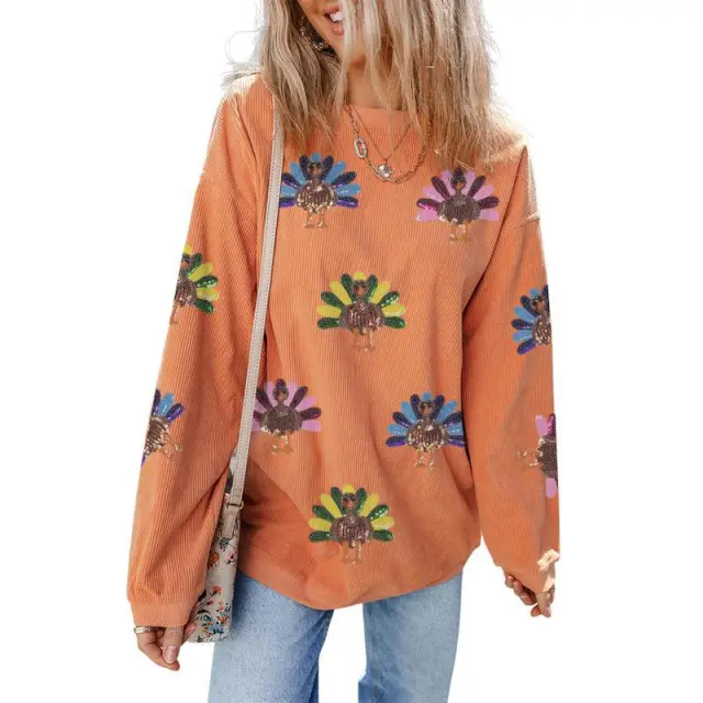 Women's Fashion Print Loose Long Sleeve Sweater Orange Turkey - Shop at LoveMi